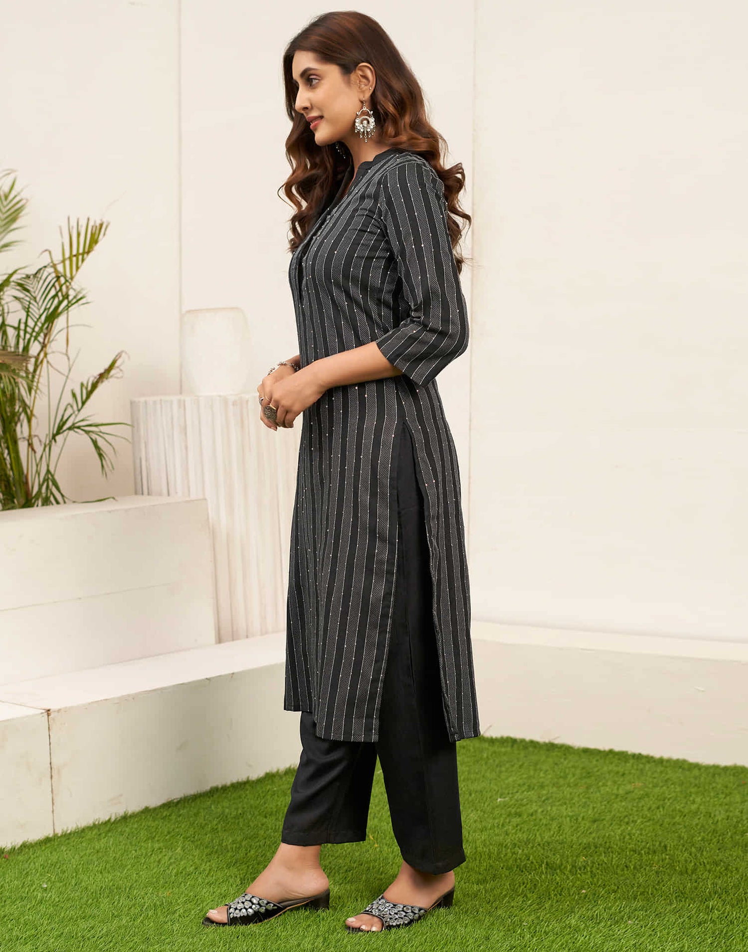 Black Sequence Cotton Straight Kurta With Pant And Dupatta