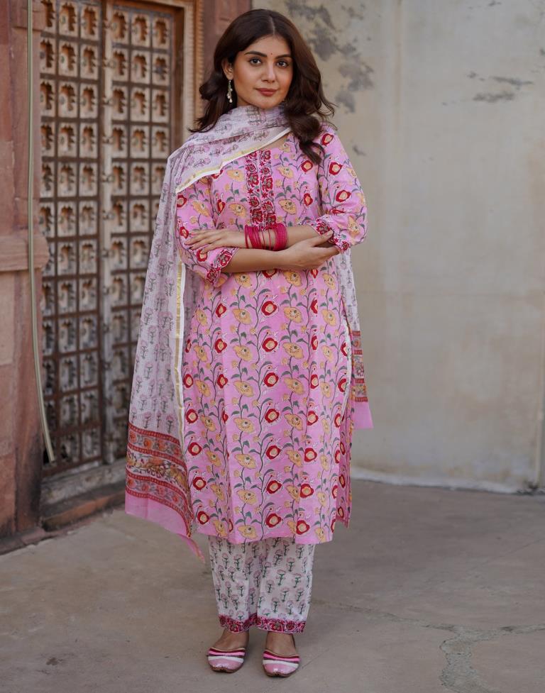 Light Lavender Printed Rayon Straight Kurta Set with Dupatta