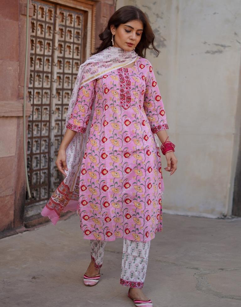 Light Lavender Printed Rayon Straight Kurta Set with Dupatta