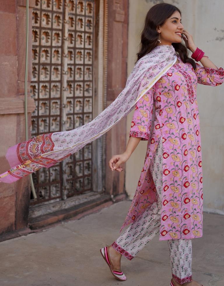 Light Lavender Printed Rayon Straight Kurta Set with Dupatta