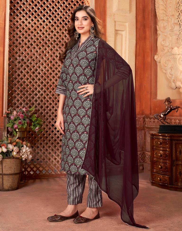 Wine Rayon Printed Straight Kurta Set