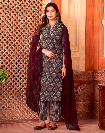 Wine Rayon Printed Straight Kurta Set