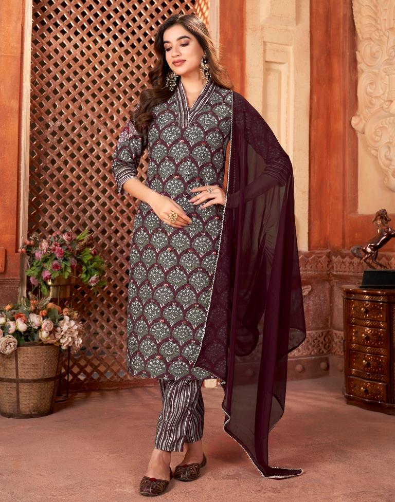 Wine Rayon Printed Straight Kurta Set