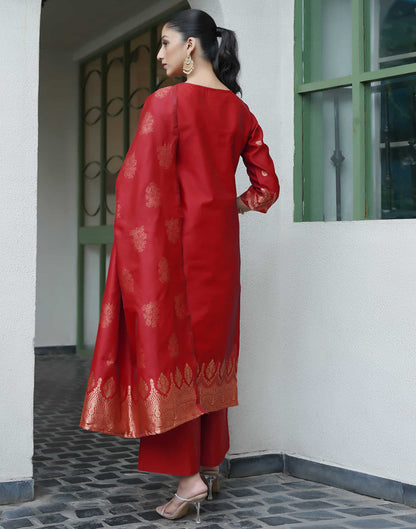 Red Silk Woven Straight Kurta Set With Dupatta