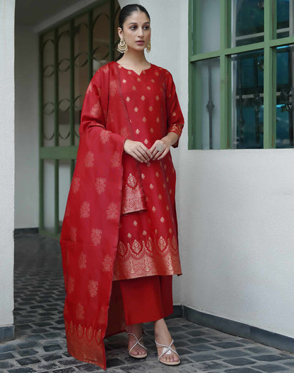 Red Silk Woven Straight Kurta Set With Dupatta