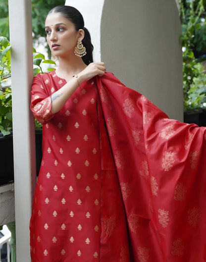 Red Silk Woven Straight Kurta Set With Dupatta