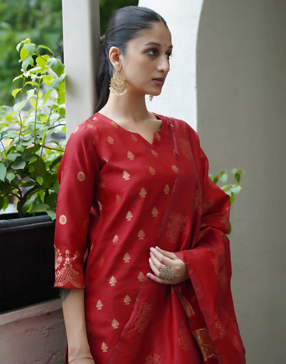 Red Silk Woven Straight Kurta Set With Dupatta