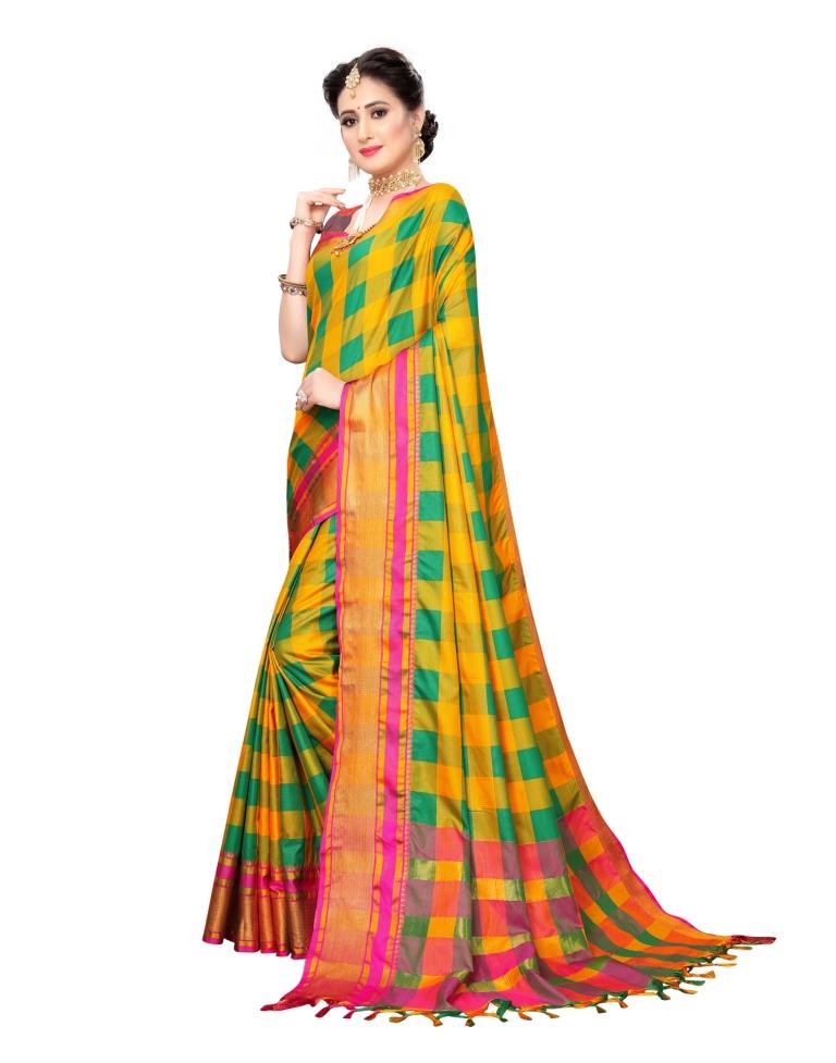 Yellow Coloured Cotton Silk Woven Checks Casual saree | Sudathi