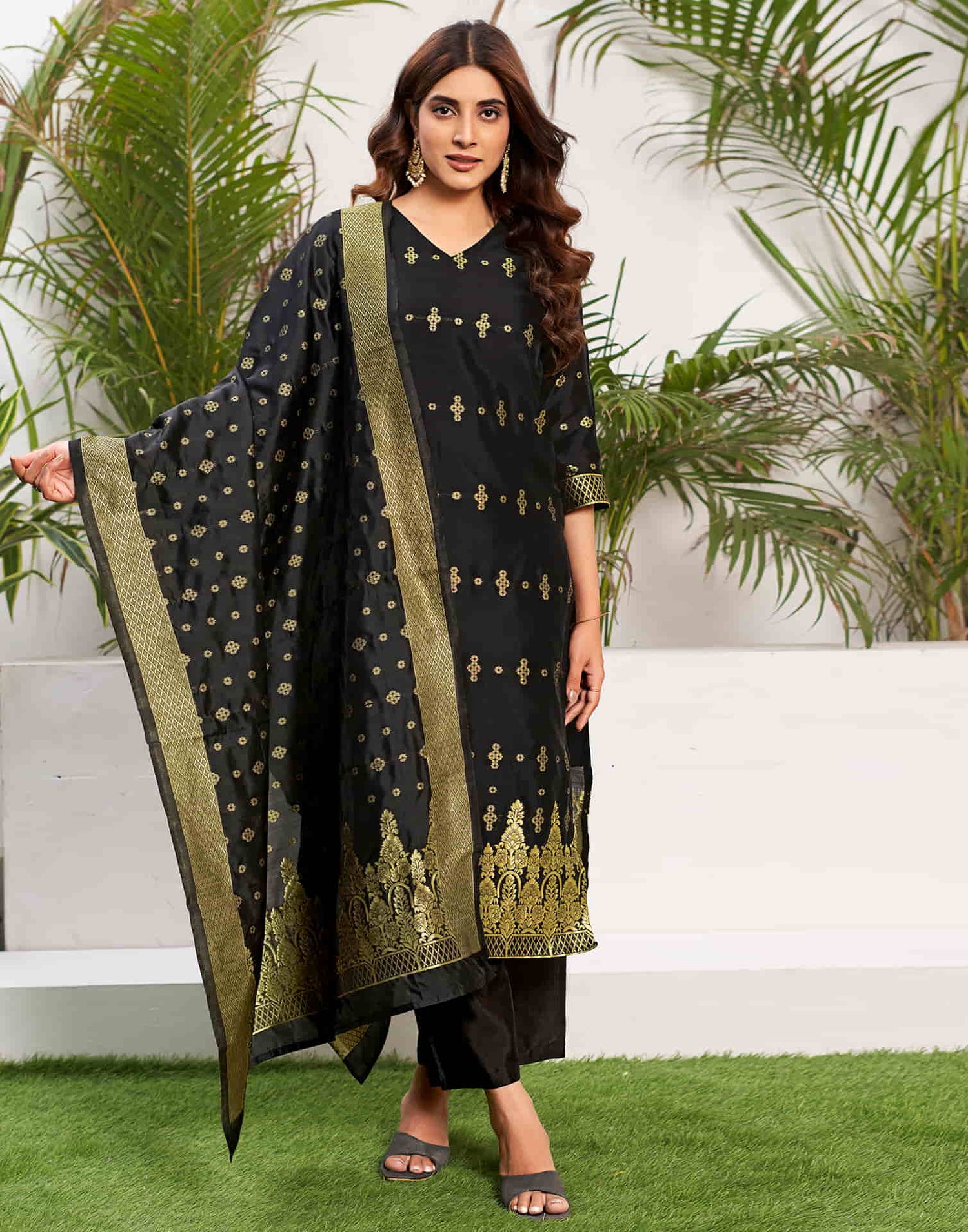 Black Woven Silk Straight Kurta With Pant And Dupatta