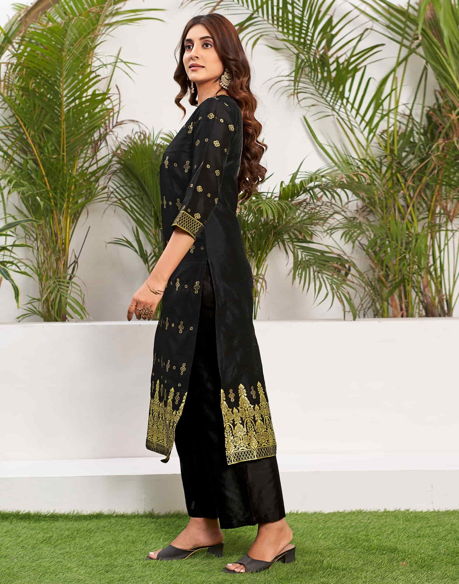 Black Woven Silk Straight Kurta With Pant And Dupatta