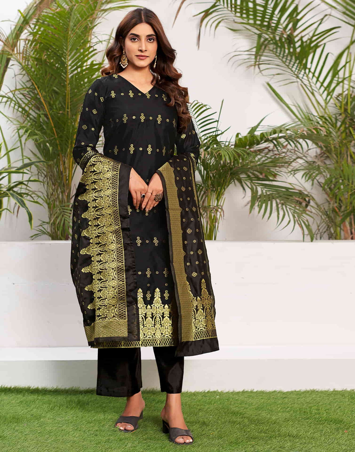 Black Woven Silk Straight Kurta With Pant And Dupatta