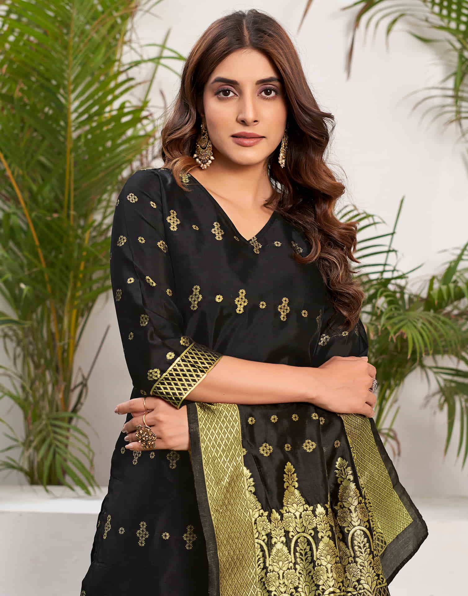 Black Woven Silk Straight Kurta With Pant And Dupatta