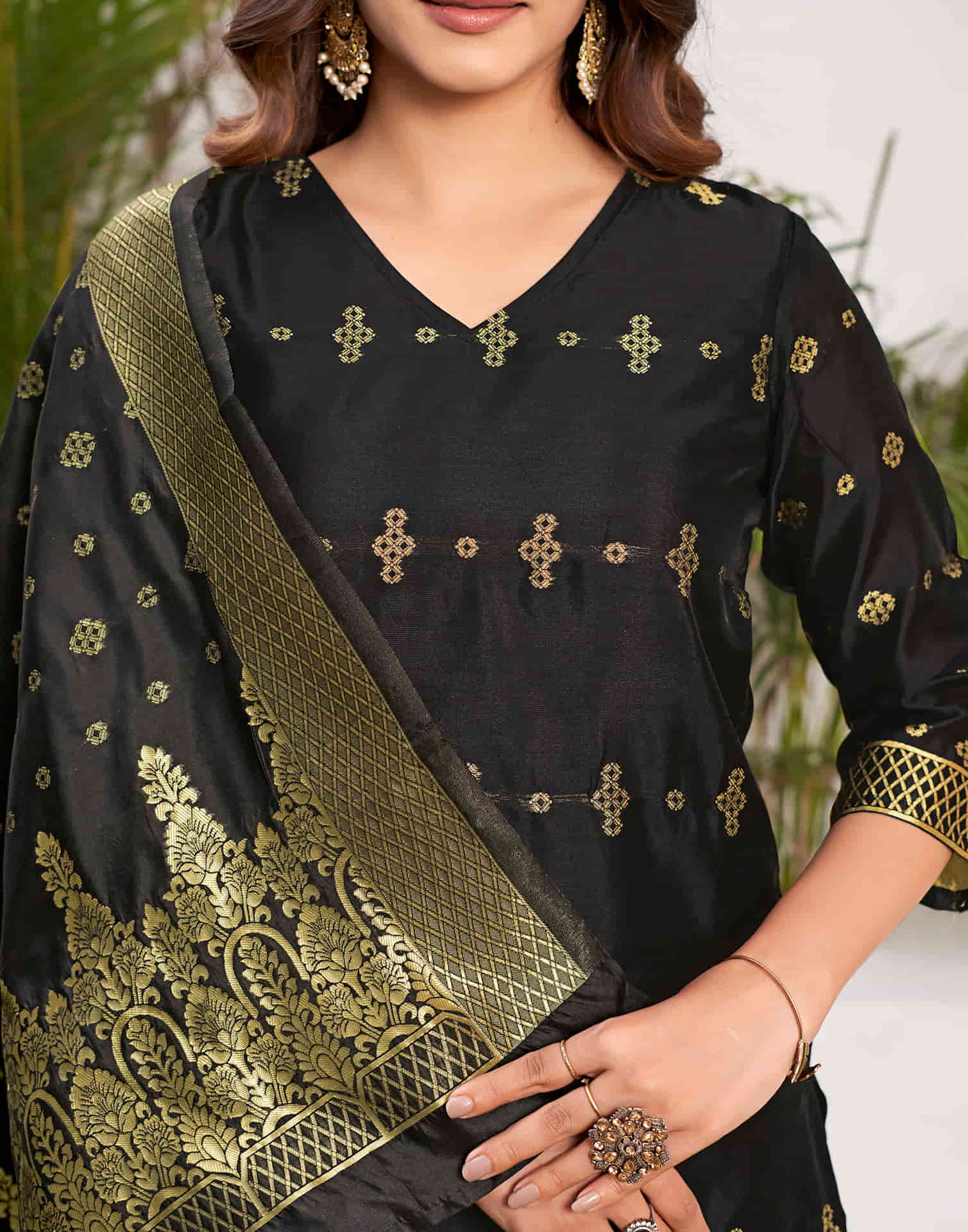 Black Woven Silk Straight Kurta With Pant And Dupatta