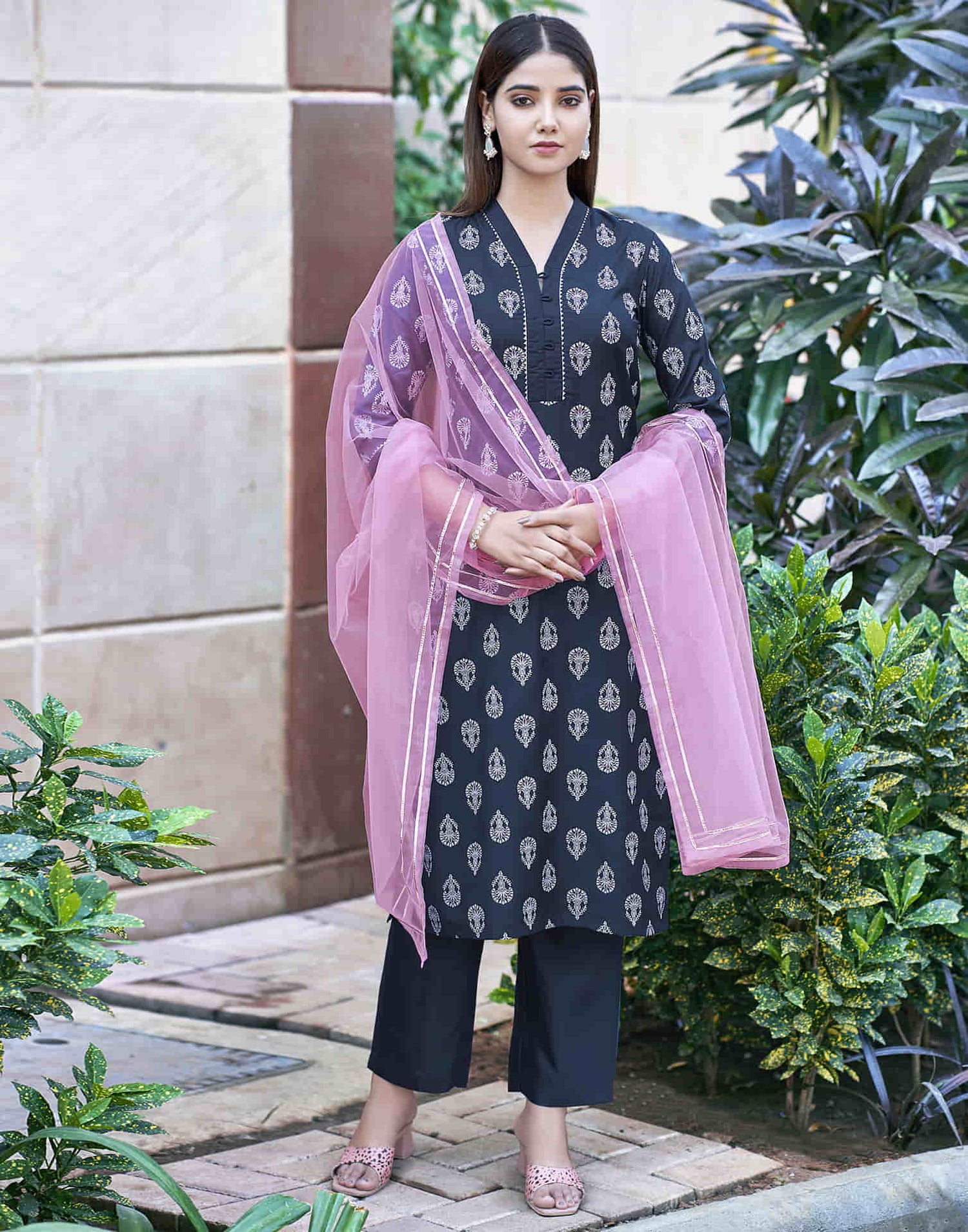 Royal Blue Printed Silk Straight Kurta With Pant And Dupatta