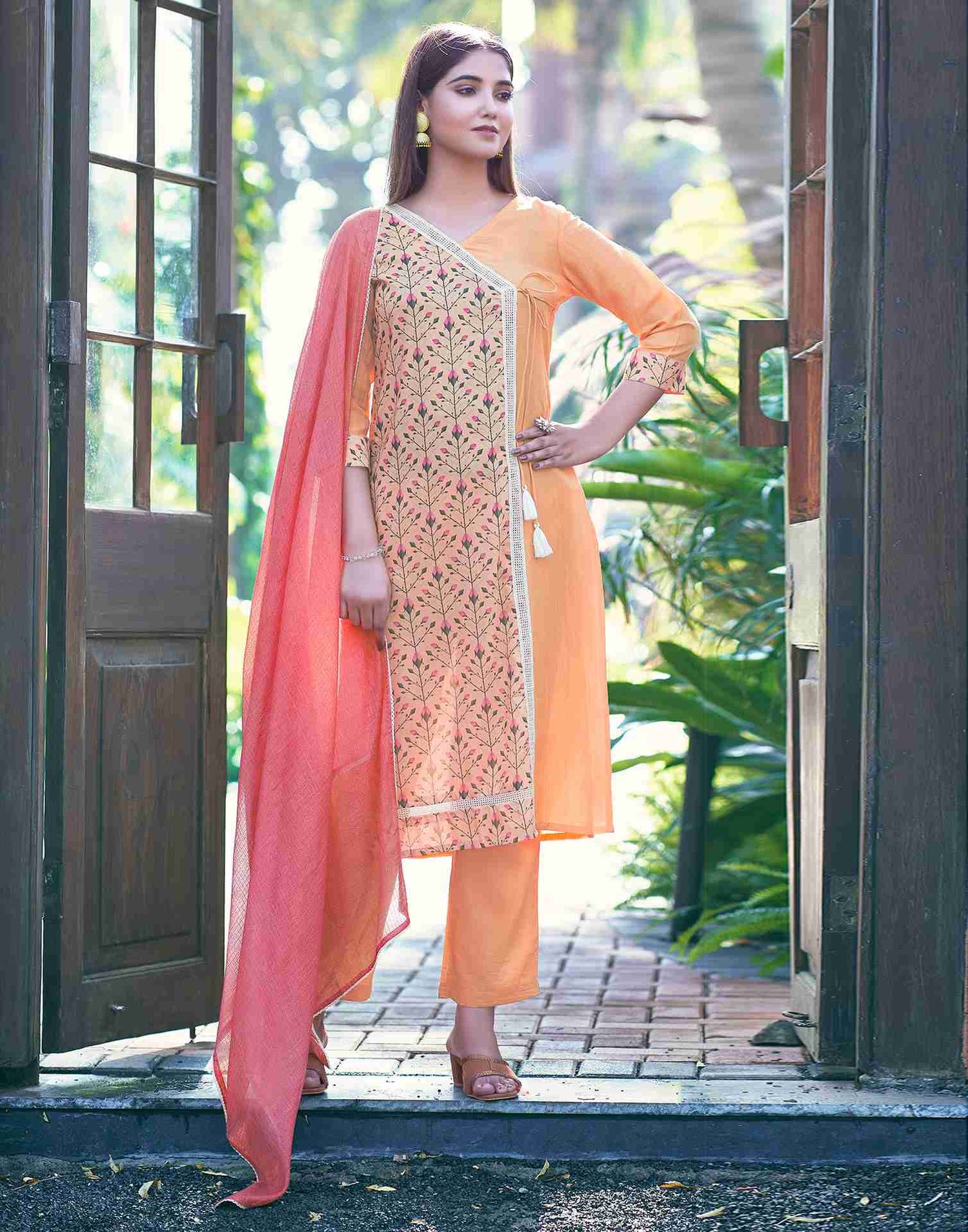 Peach Printed Chinnon Straight Kurta Set With Dupatta