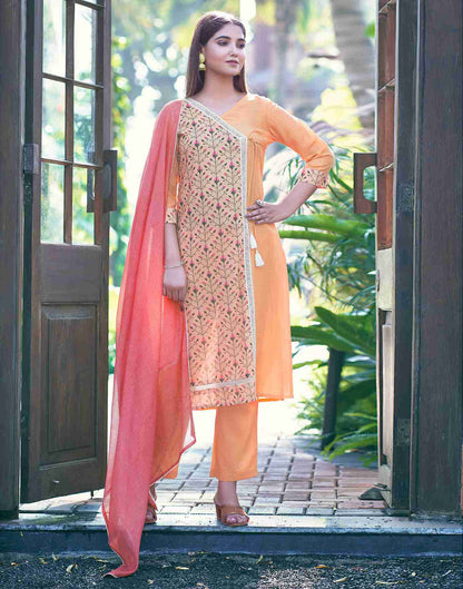 Peach Printed Chinnon Straight Kurta Set With Dupatta