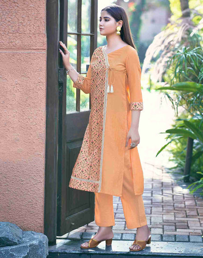 Peach Printed Chinnon Straight Kurta Set With Dupatta