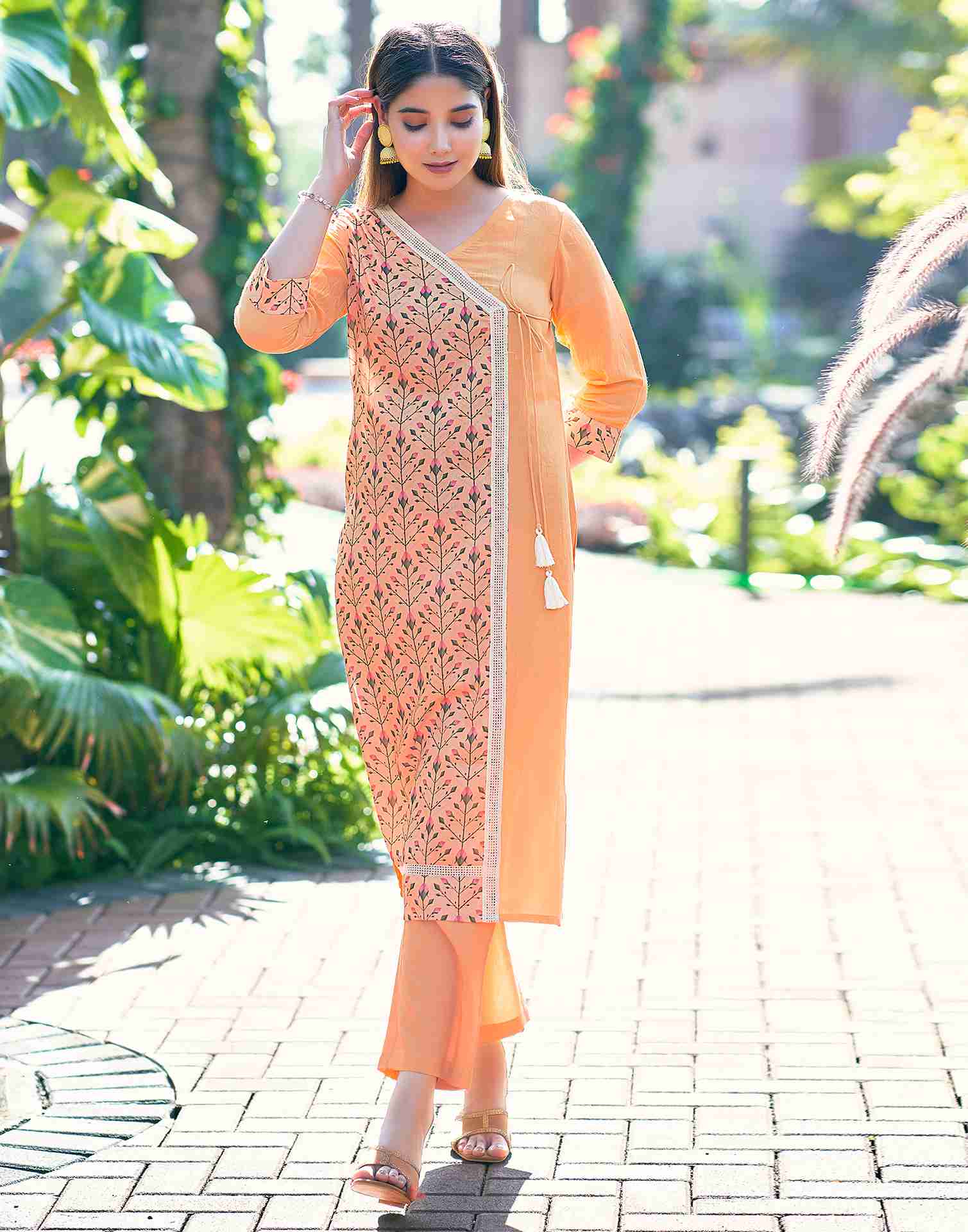 Peach Printed Chinnon Straight Kurta Set With Dupatta