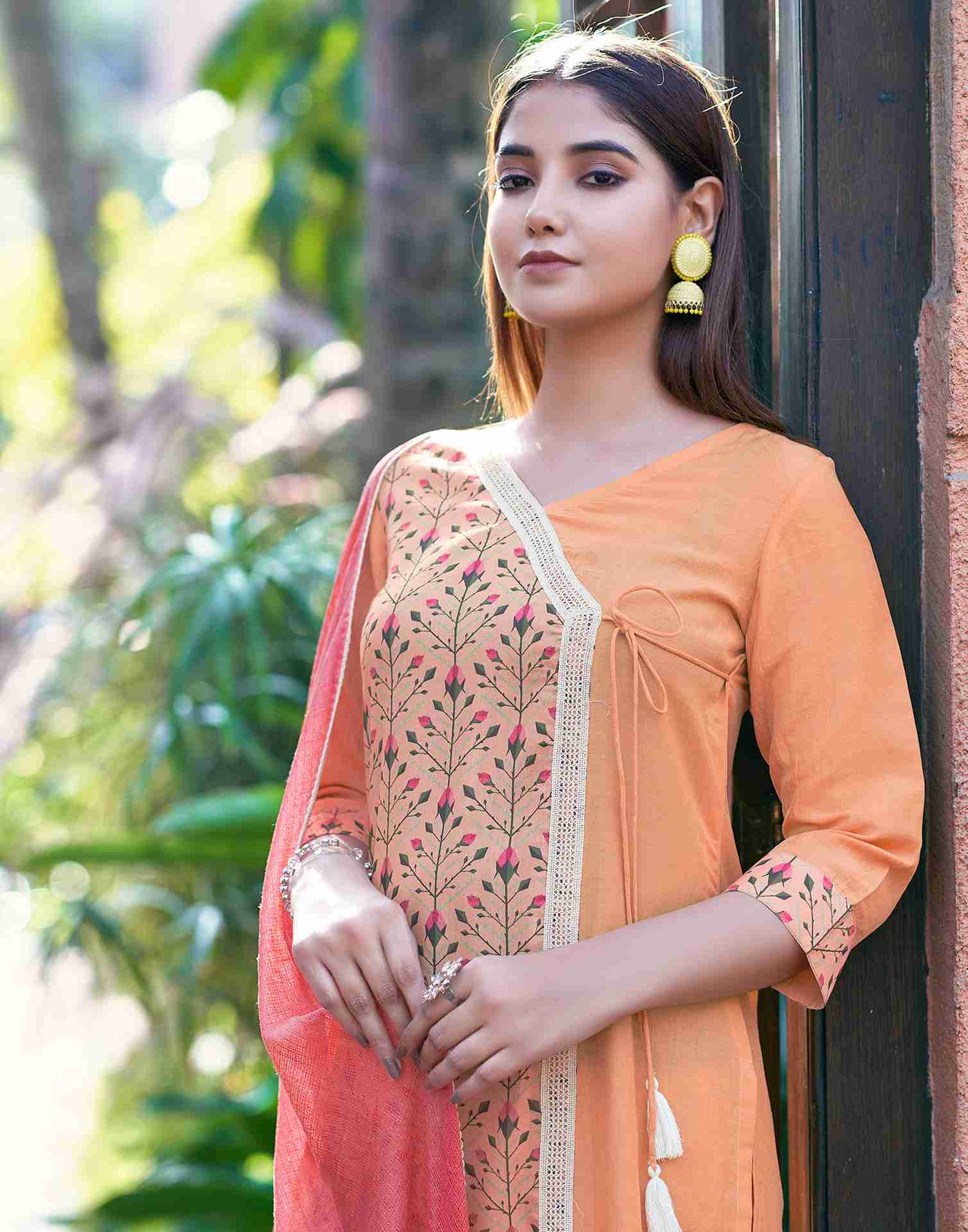 Peach Printed Chinnon Straight Kurta Set With Dupatta