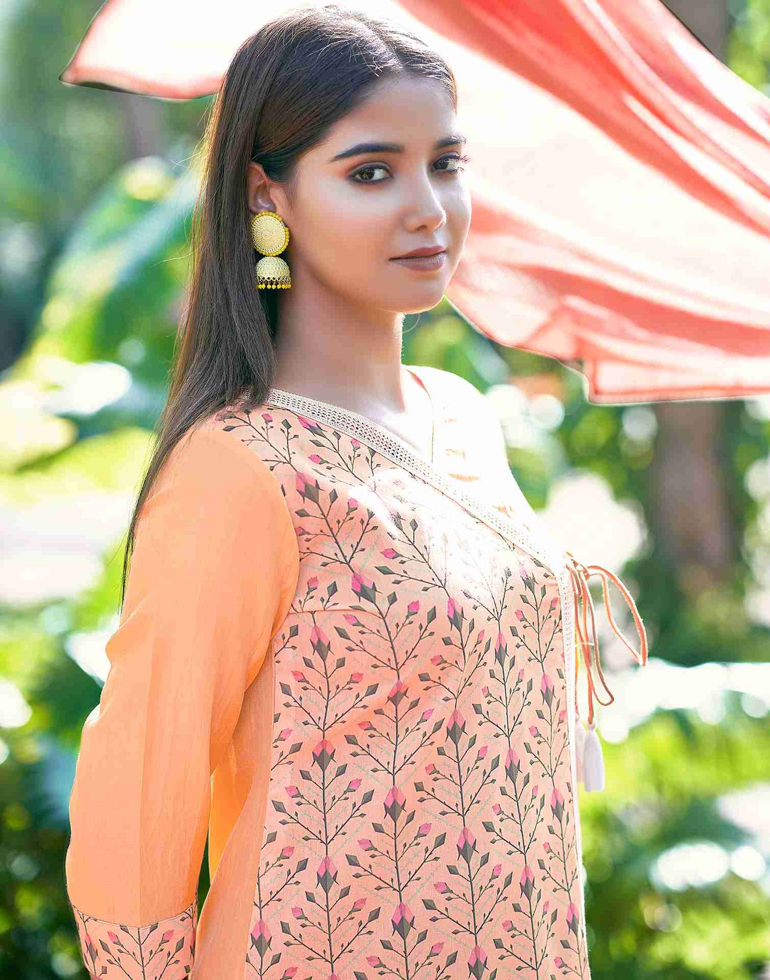 Peach Printed Chinnon Straight Kurta Set With Dupatta