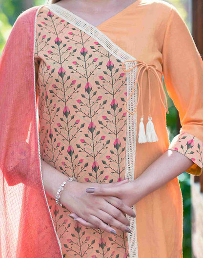 Peach Printed Chinnon Straight Kurta Set With Dupatta