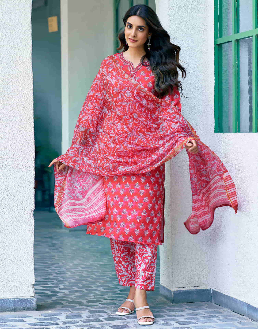 Coral Red Printed Rayon Straight Kurta With Pant And Dupatta