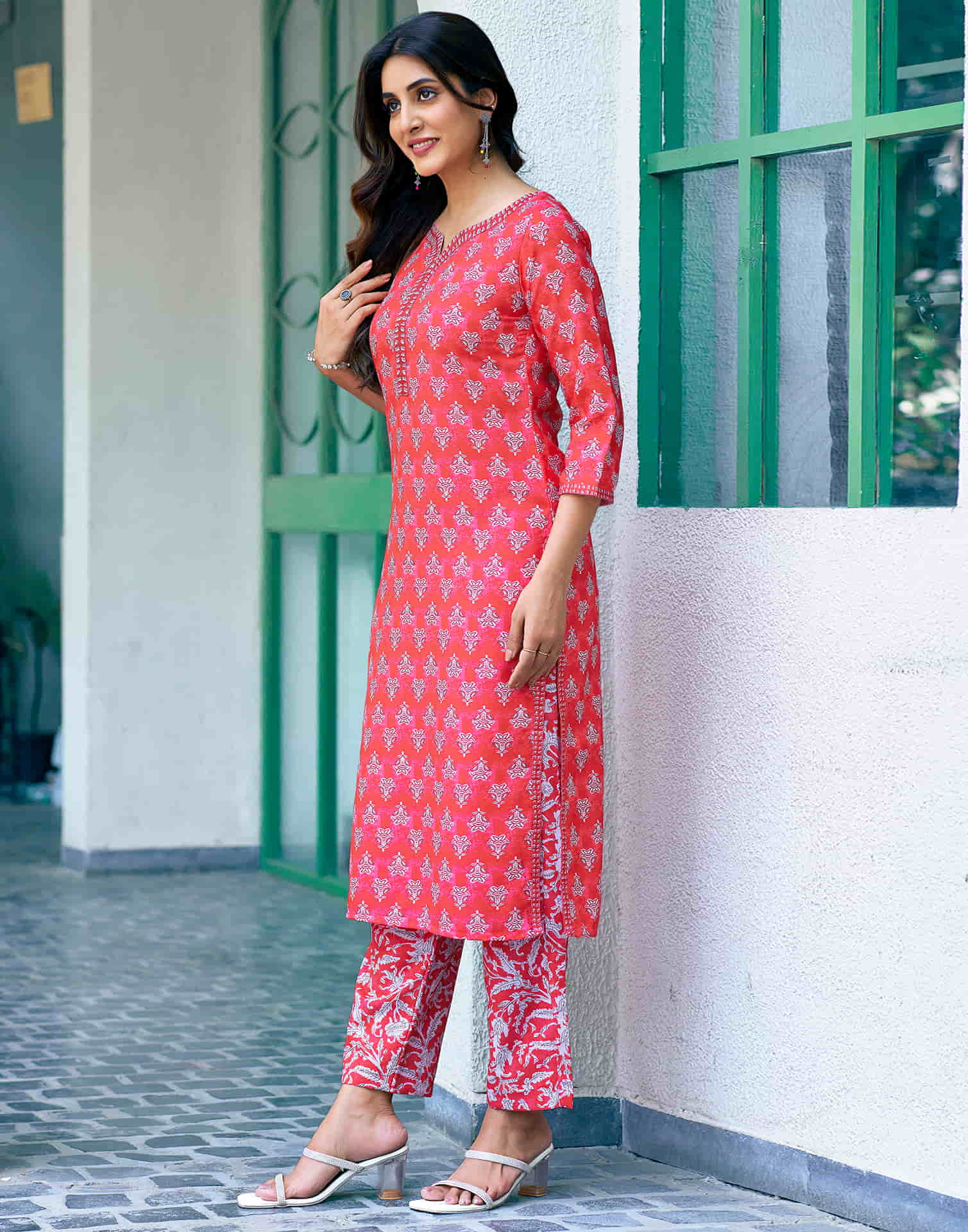 Coral Red Printed Rayon Straight Kurta With Pant And Dupatta