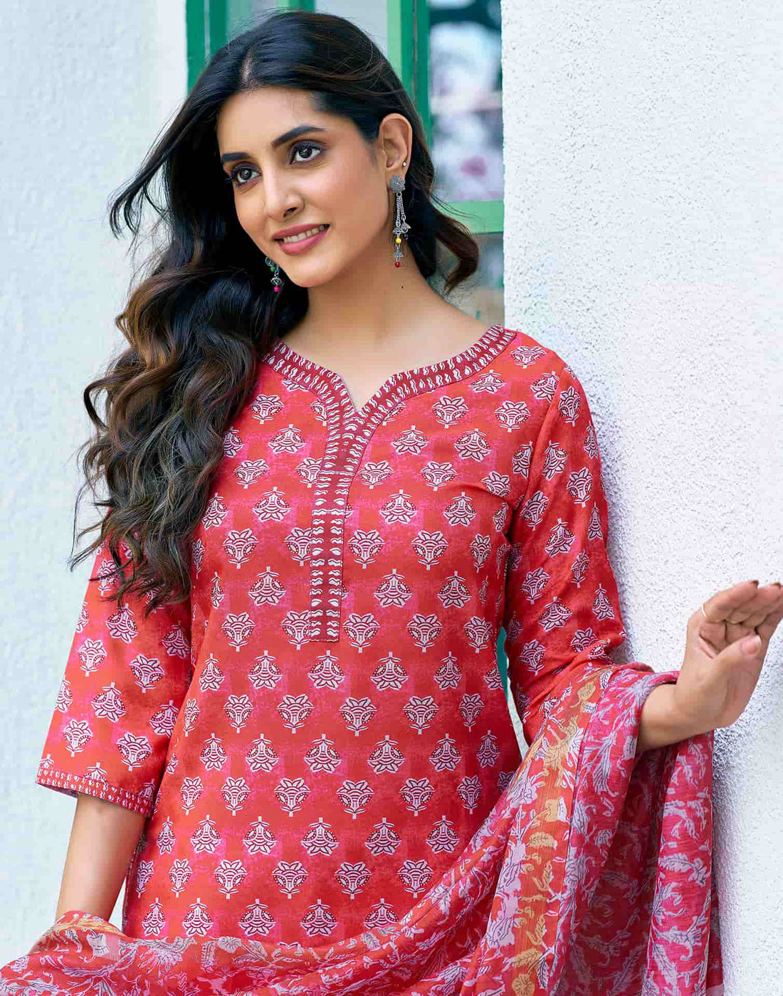 Coral Red Printed Rayon Straight Kurta With Pant And Dupatta