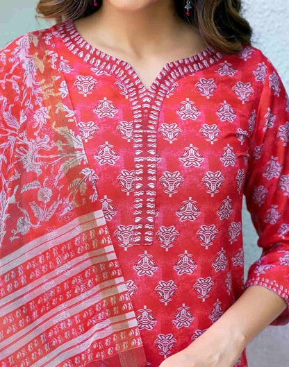 Coral Red Printed Rayon Straight Kurta With Pant And Dupatta