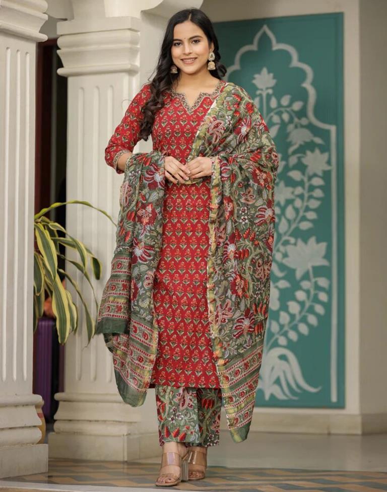 Green Rayon Printed Straight Kurta Set