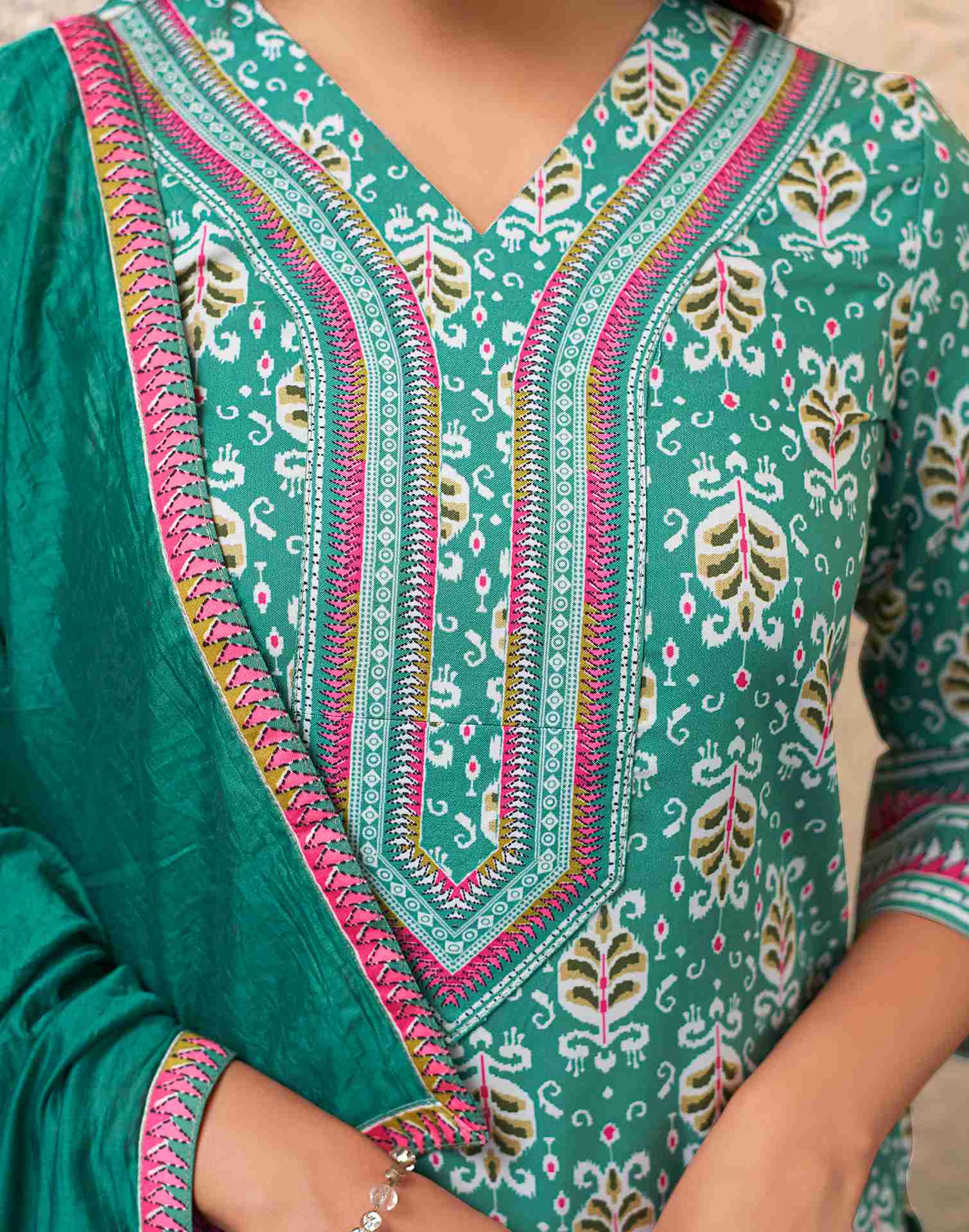 Green Rayon Printed Kurta Set With Dupatta