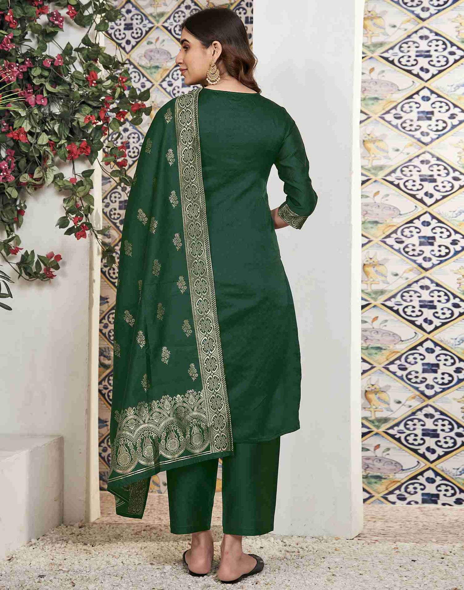 Dark Green Woven Silk Straight Kurta Set With Dupatta