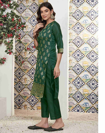 Dark Green Woven Silk Straight Kurta Set With Dupatta