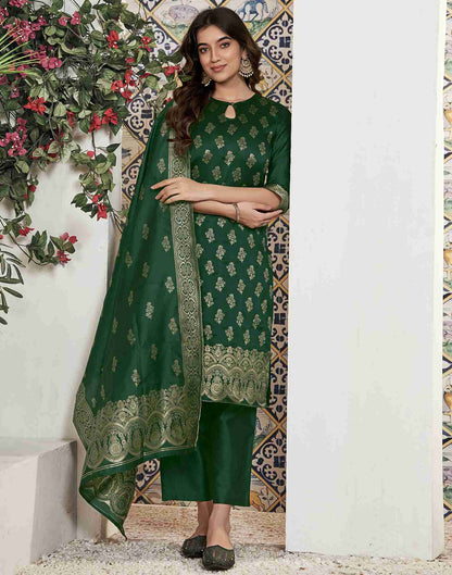 Dark Green Woven Silk Straight Kurta Set With Dupatta