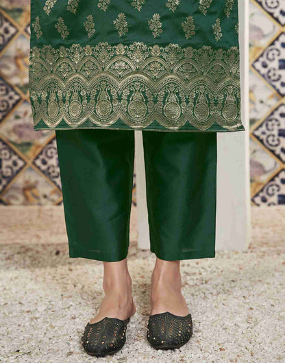 Dark Green Woven Silk Straight Kurta Set With Dupatta