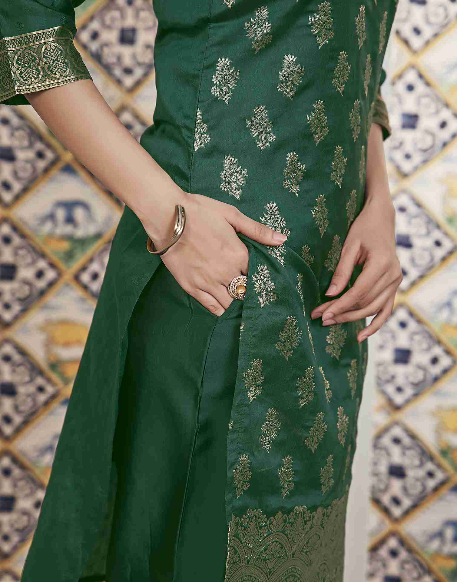 Dark Green Woven Silk Straight Kurta Set With Dupatta