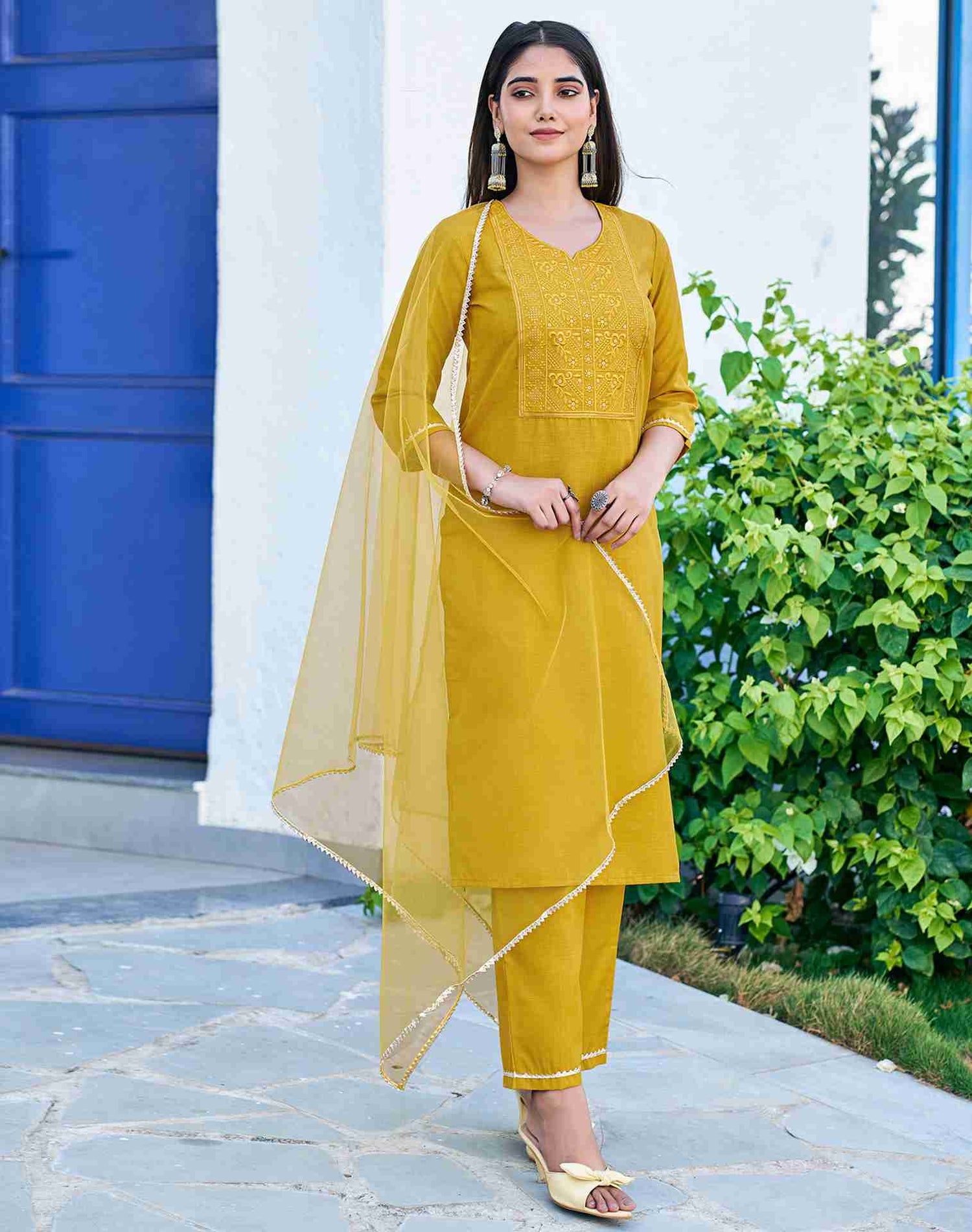 Yellow Cotton Embroidery Straight Kurta Set