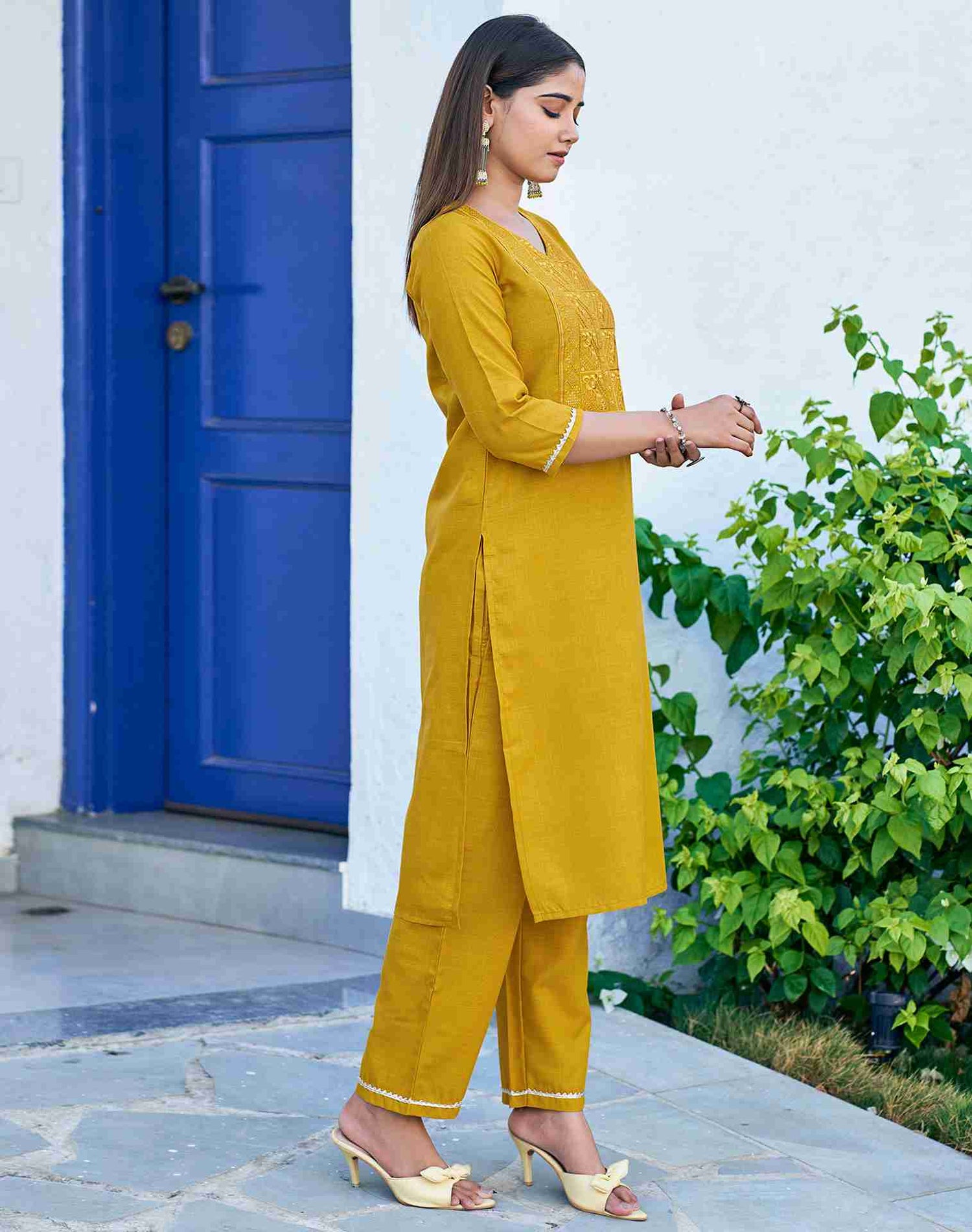 Yellow Cotton Embroidery Straight Kurta Set