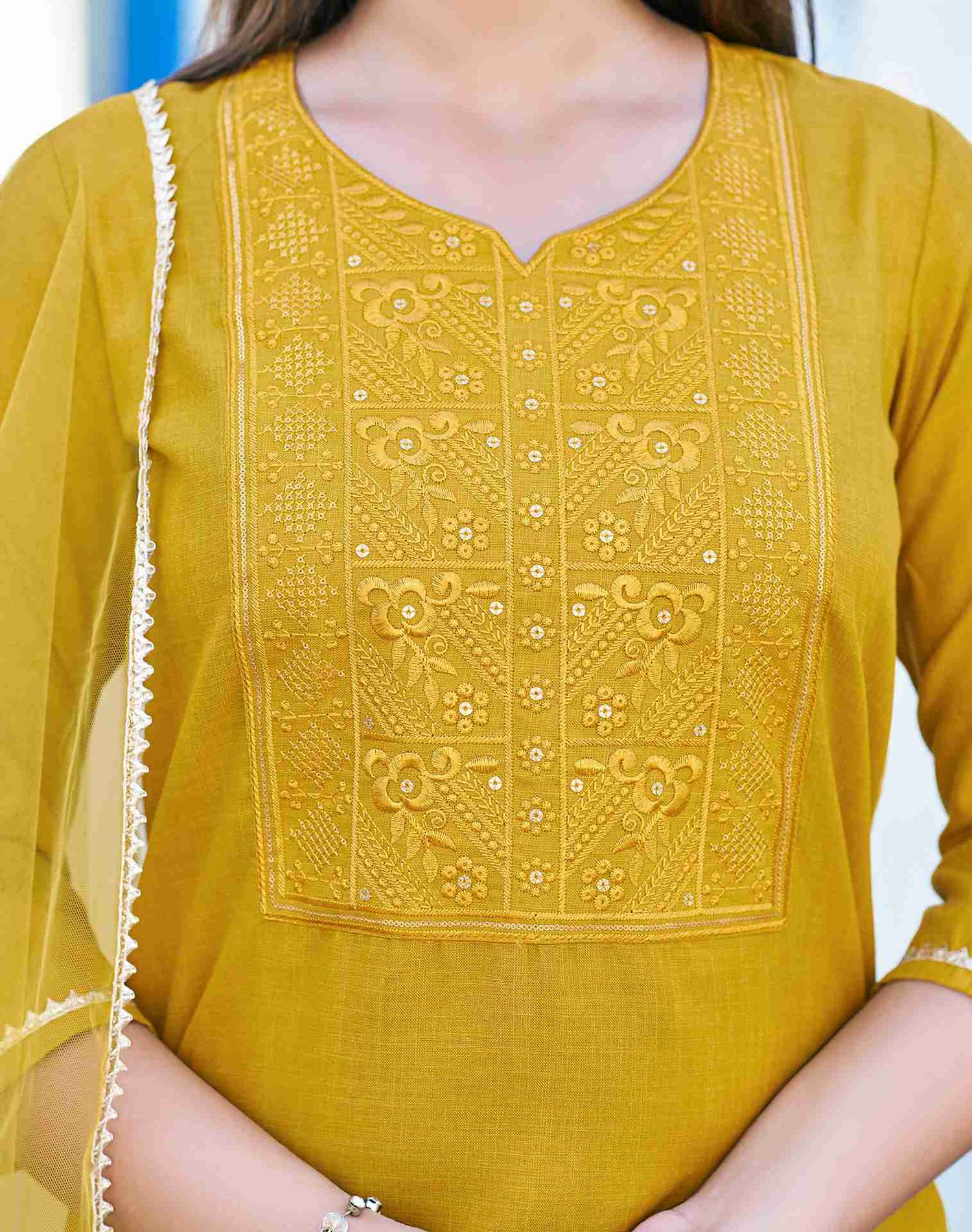 Yellow Cotton Embroidery Straight Kurta Set