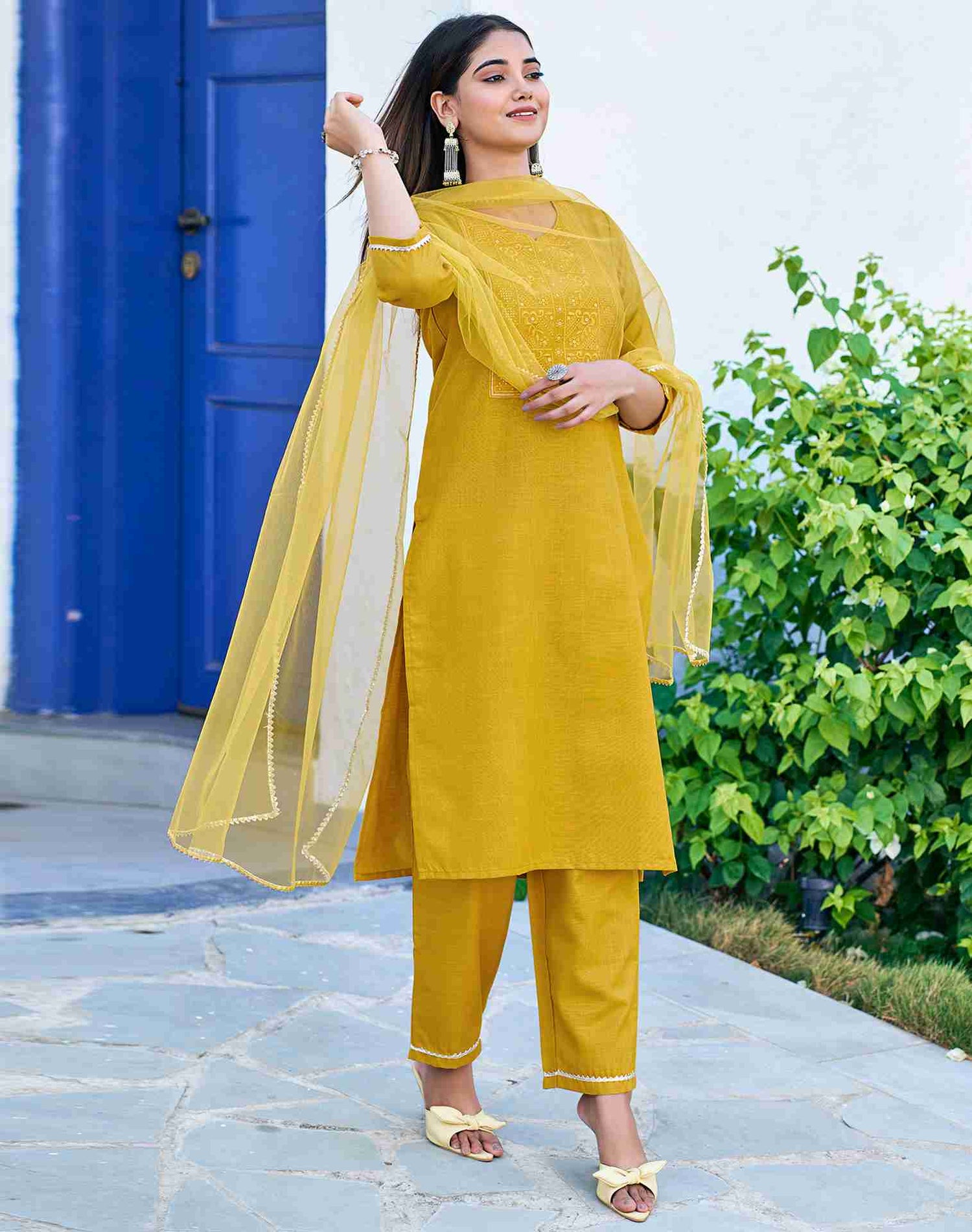 Yellow Cotton Embroidery Straight Kurta Set