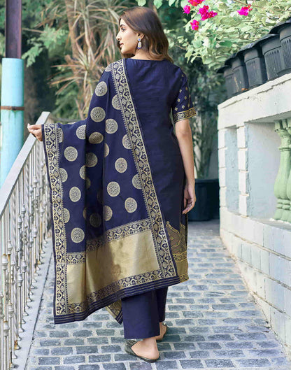 Navy Blue Woven Silk Straight Kurta With Pant And Dupatta