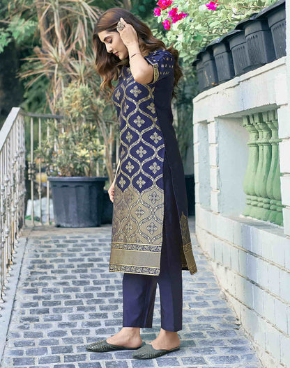 Navy Blue Woven Silk Straight Kurta With Pant And Dupatta