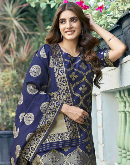 Navy Blue Woven Silk Straight Kurta With Pant And Dupatta