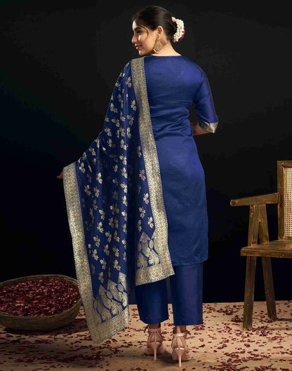 Navy Blue Silk Woven Straight Kurta Set With Dupatta