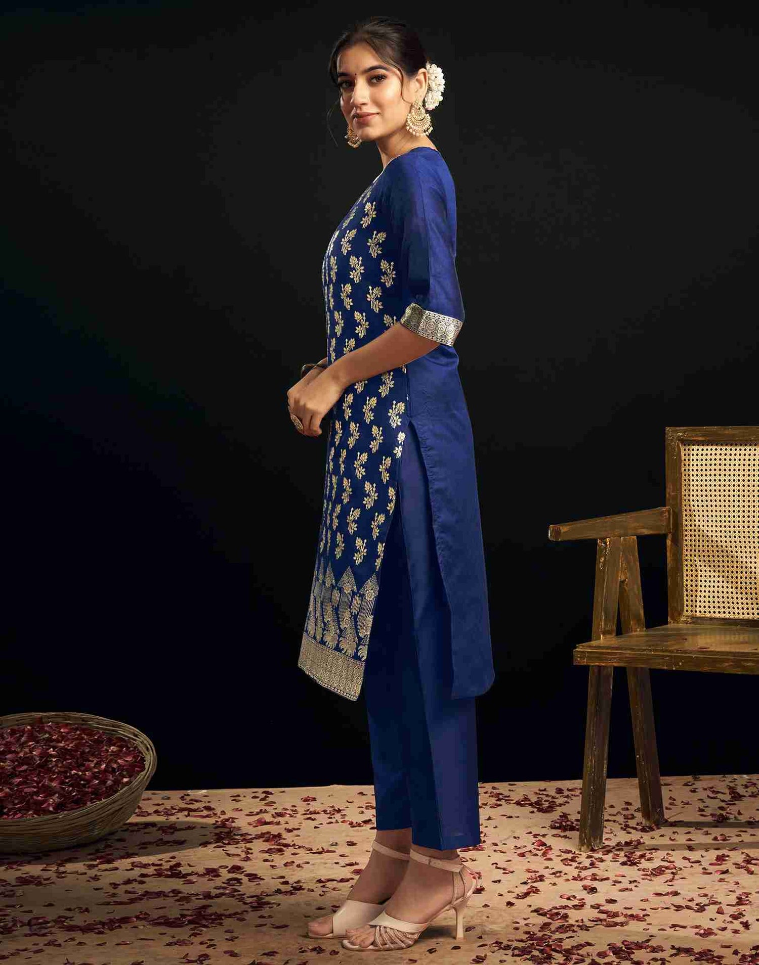 Navy Blue Silk Woven Straight Kurta Set With Dupatta