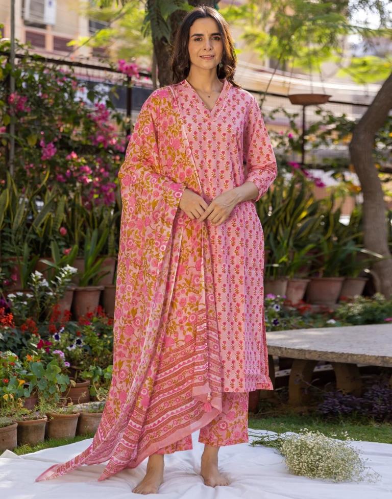 Light Pink Rayon Printed Straight Kurta Set