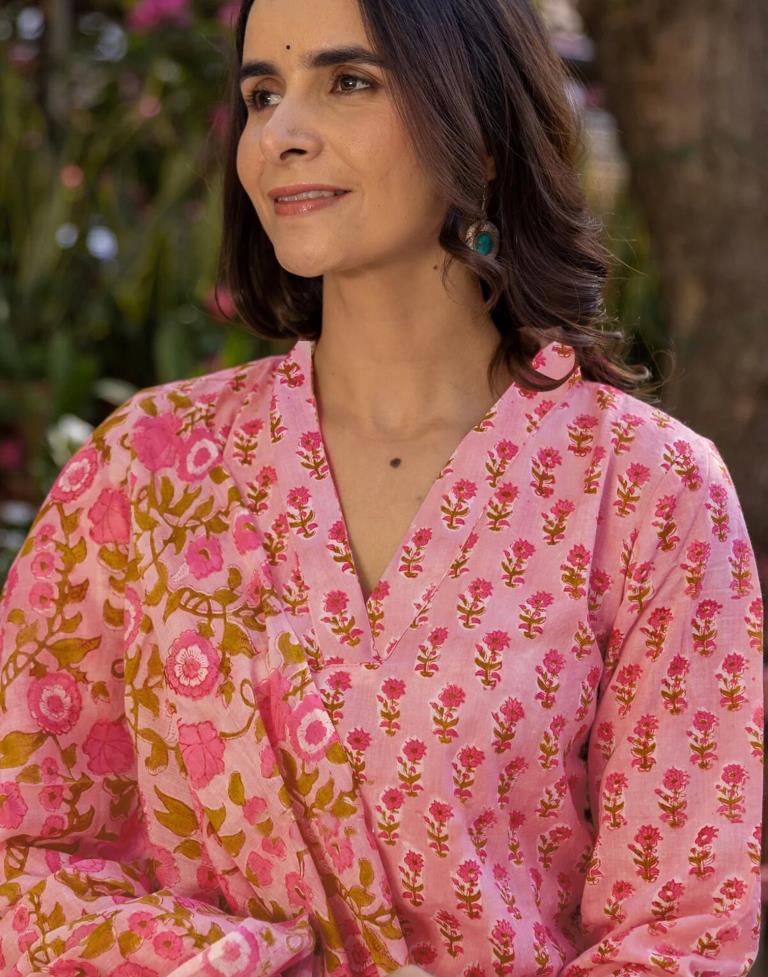 Light Pink Rayon Printed Straight Kurta Set