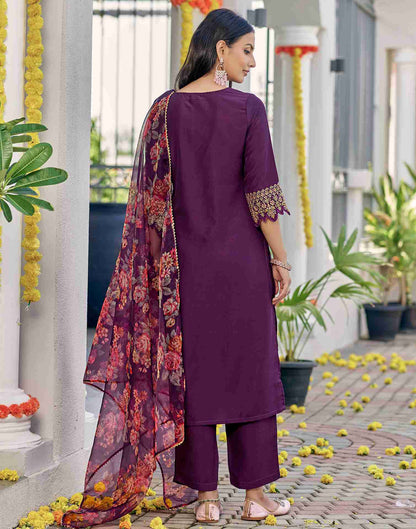 Wine Embroidery Chinnon Straight Kurta Set With Dupatta