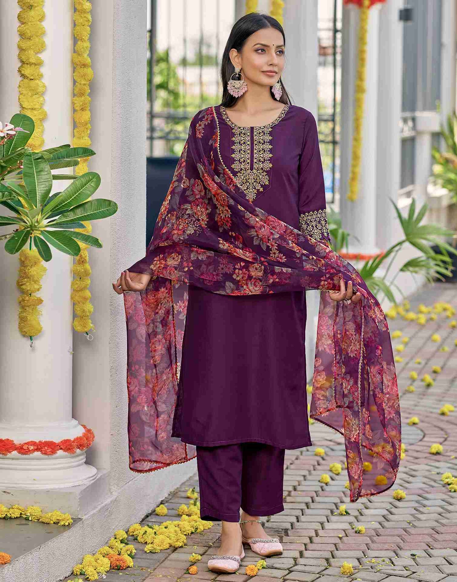 Wine Embroidery Chinnon Straight Kurta Set With Dupatta