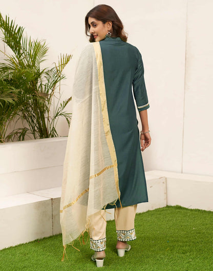 Hunter Green Embroidery Chinnon Straight Kurta With Pant And Dupatta